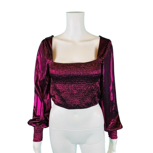 Peach Puff Crop Top Women's Medium Magenta Smocked Long Sleeve Shirt Disco - Picture 2 of 8